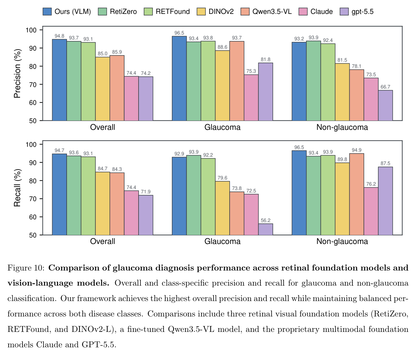 Precision and recall comparison across retinal foundation models and vision-language models.